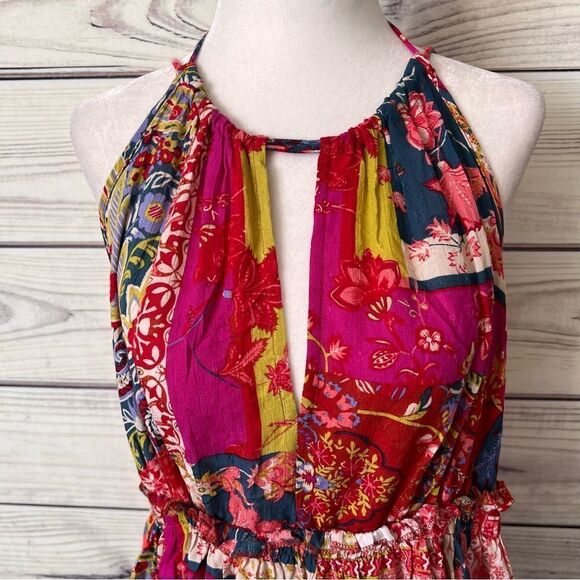 Rachel Zoe Multicolored Patchwork Floral Paisley  Peplum Cutout Halter Top - Picture 2 of 10